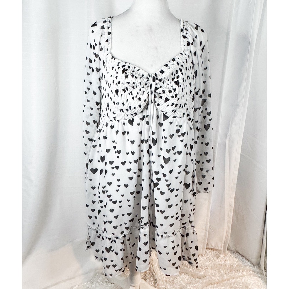 Arula Heart Print Smocked Babydoll Dress B 14/16 Black White Chiffon Mini EUC